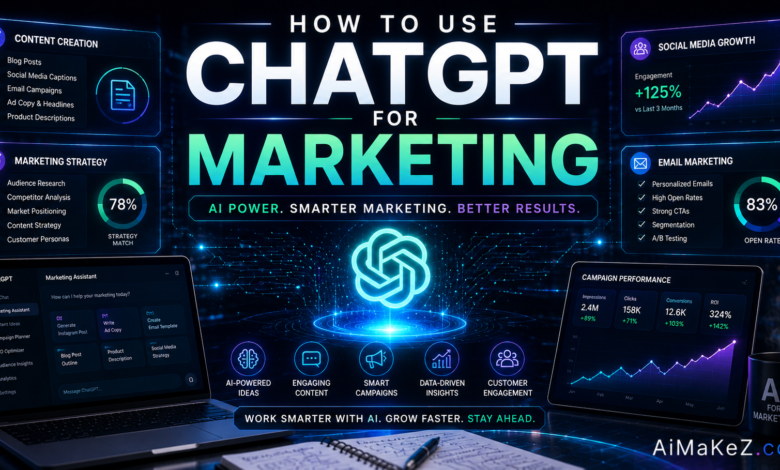 How to Use ChatGPT for Marketing featuring AI marketing dashboards, campaign automation tools, content creation interfaces, customer analytics, and futuristic digital marketing technology.