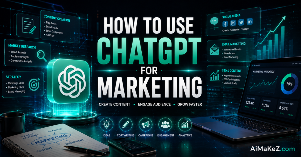 How to Use ChatGPT for Marketing featured image showing AI-powered marketing automation, digital campaigns, analytics dashboards, SEO optimization, and futuristic business technology.