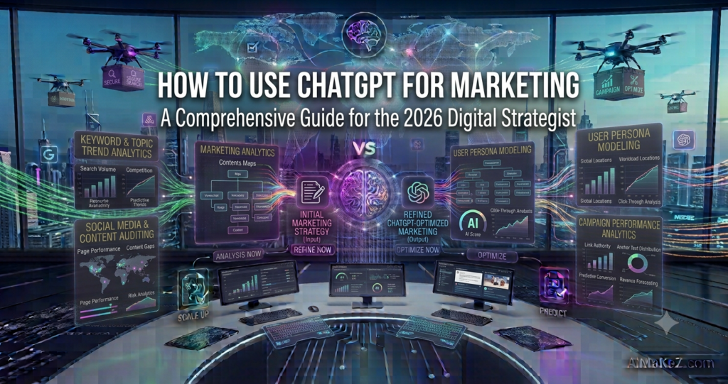 A premium 1200x630 featured image for AiMaKeZ.com titled 'HOW TO USE CHATGPT FOR MARKETING: A COMPREHENSIVE GUIDE FOR THE 2026 DIGITAL STRATEGIST' displaying an advanced digital command center comparing initial marketing strategy inputs against refined ChatGPT-optimized outputs, alongside modular dashboards for keyword & topic trend analytics, social media & content auditing, user persona modeling, and campaign performance analytics.