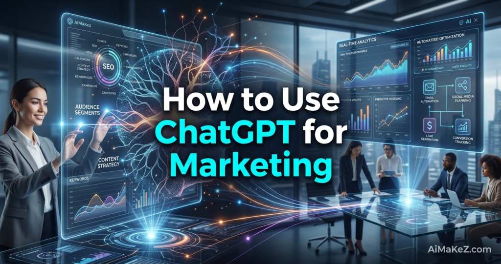 A professional technology featured banner for an article titled "How to Use ChatGPT for Marketing" on AiMaKeZ.com. The dynamic composition shows a female executive interacting with a futuristic, multi-layered holographic brain visualization that integrates marketing channels. On the left, floating keyword spheres (e.g., SEO, AUDIENCE SEGMENTS, CONTENT STRATEGY) connect to the neural network. On the right, a transparent AI data dashboard displays charts for REAL-TIME ANALYTICS, AUTOMATED OPTIMIZATION, and conversion metrics, alongside business colleagues collaborating around a glass interactive table. The brand name "AiMaKeZ.com" is watermarked in the lower-right corner.