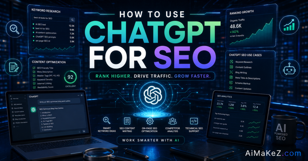 How to Use ChatGPT for SEO featuring AI-powered SEO dashboards, keyword research tools, content optimization interfaces, search ranking analytics, and futuristic digital marketing visuals.