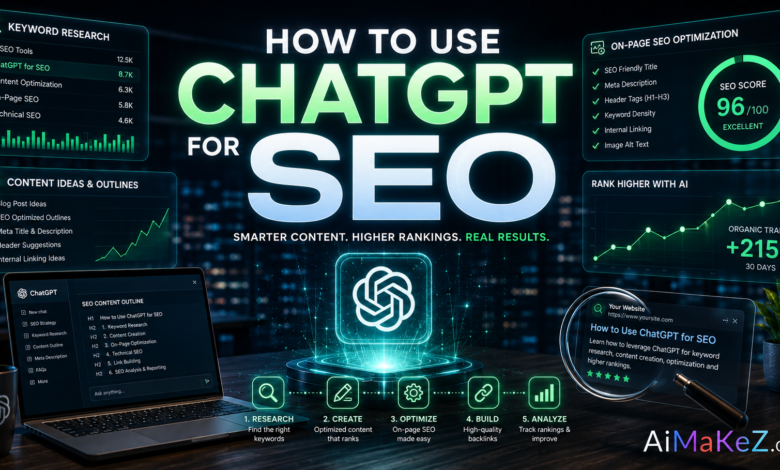 How to Use ChatGPT for SEO featured image showing a futuristic SEO dashboard with AI-powered keyword research, content optimization, search analytics, neural networks, and the title "How to Use ChatGPT for SEO".