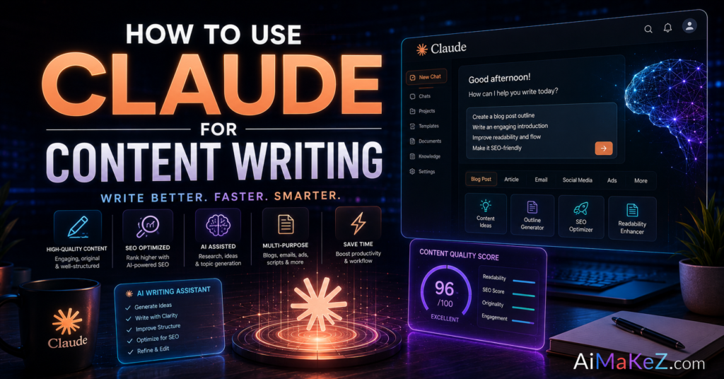 How to Use Claude for Content Writing featured image showing a futuristic AI writing workspace with Claude AI interface, content generation dashboards, SEO optimization tools, and the title "How to Use Claude for Content Writing".