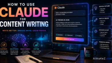 How to Use Claude for Content Writing featuring AI writing dashboards, content creation workflows, SEO optimization tools, and futuristic digital publishing technology.