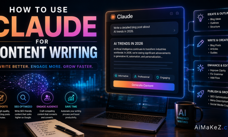 How to Use Claude for Content Writing featuring AI writing dashboards, content creation workflows, SEO optimization tools, and futuristic digital publishing technology.