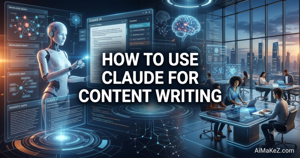 A premium technology featured banner graphic set inside a futuristic corporate research lab commanding an expansive view of a dynamic metropolitan skyline at dusk. In the center, large white typography reads "HOW TO USE CLAUDE FOR CONTENT WRITING". To the left, a vibrant neon-blue and purple brain structure floats with code syntax and labels for: CONVERSATIONAL AI PROMPT and DATA INSIGHTS. To the right, a glowing purple and orange organic network node head visualizes creativity and predictive modeling. A female researcher/executive stands interacting with multi-layered, luminous holographic interfaces displaying icons for: CLAUDE AI WORKSPACE, CONTENT WRITING blocks, and SEMANTIC MAPS. Diverse professionals collaborate in the background with glowing screens. The brand watermark "AiMaKeZ.com" rests in the bottom-right corner.