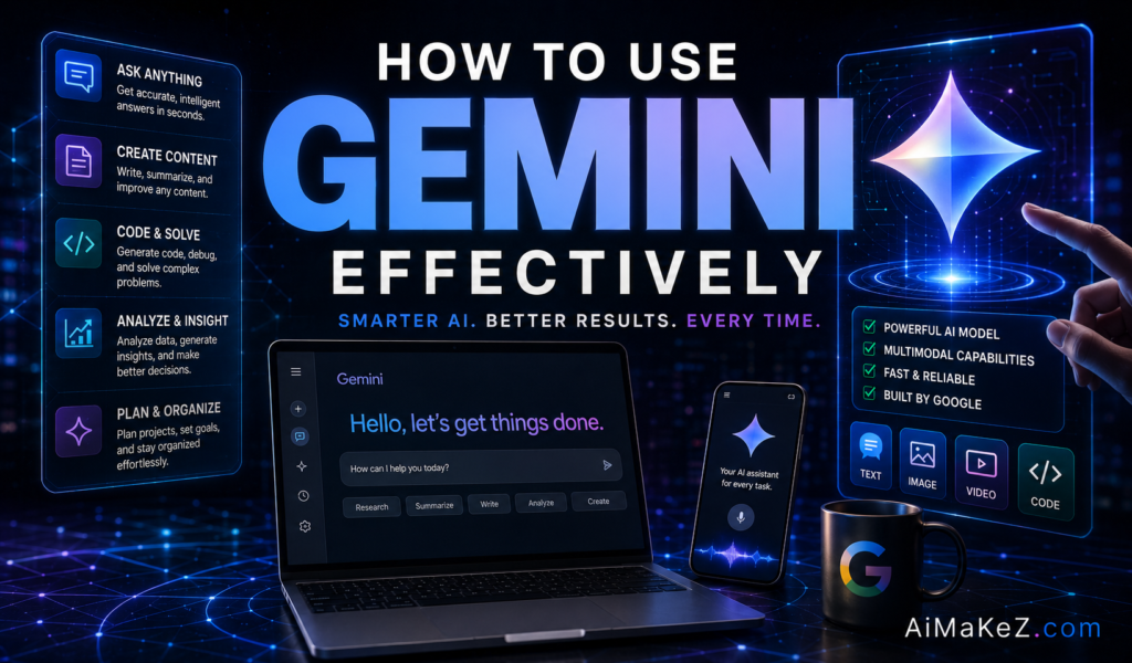 How to Use Gemini Effectively featuring AI assistant dashboards, intelligent search interfaces, productivity tools, neural networks, and futuristic digital technology visuals.