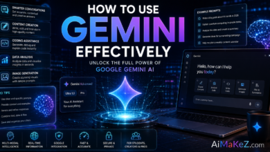 How to Use Gemini Effectively featured image showing a futuristic Gemini AI interface with holographic dashboards, AI assistant panels, neural networks, productivity tools, and the title "How to Use Gemini Effectively".