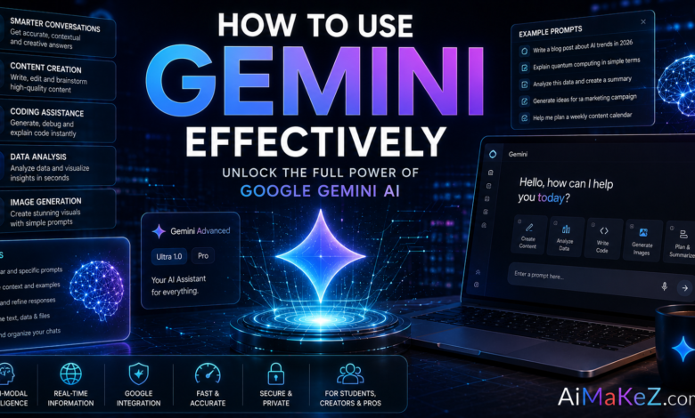 How to Use Gemini Effectively featured image showing a futuristic Gemini AI interface with holographic dashboards, AI assistant panels, neural networks, productivity tools, and the title "How to Use Gemini Effectively".