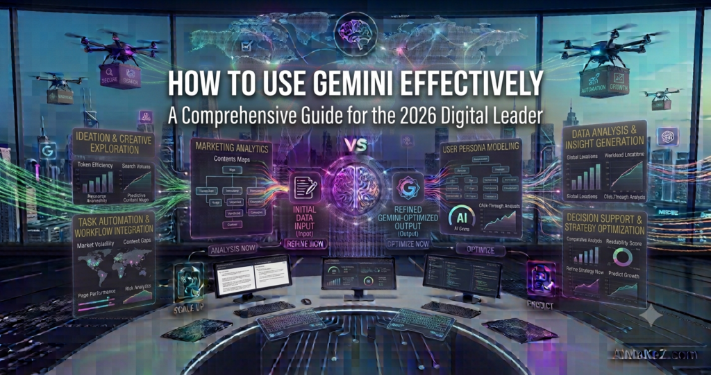 A premium 1200x630 featured image for AiMaKeZ.com titled 'HOW TO USE GEMINI EFFECTIVELY: A COMPREHENSIVE GUIDE FOR THE 2026 DIGITAL LEADER' displaying an advanced digital command center comparing initial data inputs against refined Gemini-optimized outputs, featuring modular dashboards for ideation & creative exploration, task automation & workflow integration, data analysis & insight generation, and decision support & strategy optimization, set against a futuristic cityscape with cargo drones.
