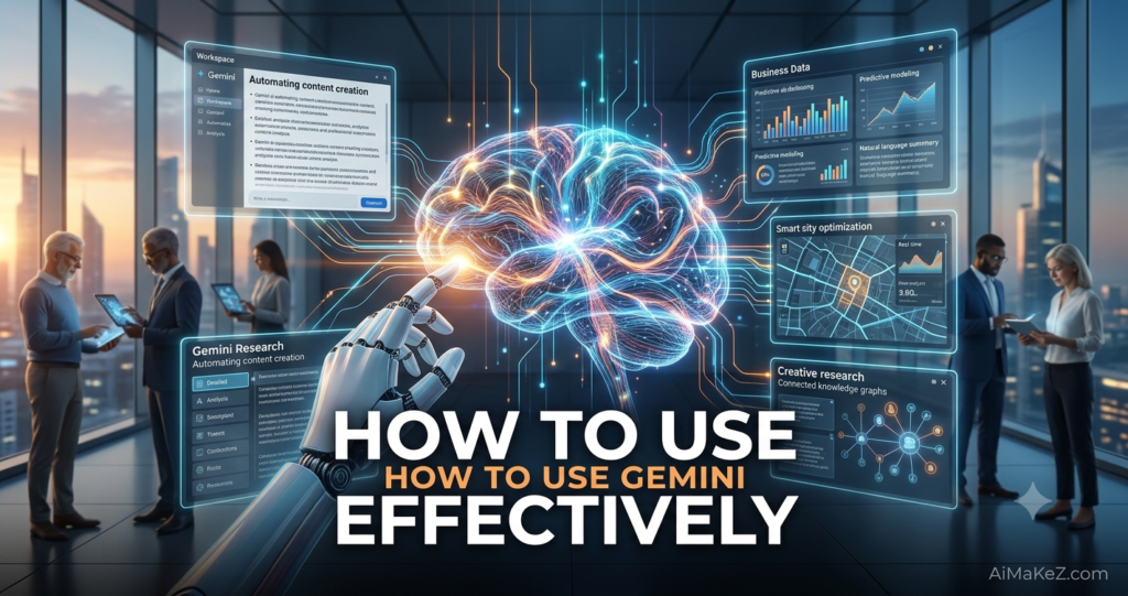 A premium technology featured banner graphic set inside a futuristic corporate research lab commanding an expansive view of a dynamic metropolitan skyline at dusk. In the center, large white typography reads "HOW TO USE GEMINI EFFECTIVELY". Below it, on a smaller line, is "HOW TO USE GEMINI". To the left, a vibrant neon-blue brain structure floats with code syntax and labels for: CHATGPT LOGIC, PYTHON, AI ARCHITECTURE. To the right, a glowing orange/yellow organic network node head visualizes creativity and predictive modeling. A female researcher/executive stands interacting with multi-layered, luminous holographic interfaces displaying icons for: GEMINI WORKSPACE, Content Writing blocks, Business Data analytics, and Creative Research maps. Diverse professionals collaborate in the background with glowing screens. The brand watermark "AiMaKeZ.com" rests in the bottom-right corner.