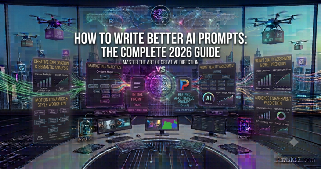 A premium 1200x630 featured image for AiMaKeZ.com titled 'HOW TO WRITE BETTER AI PROMPTS: THE COMPLETE 2026 GUIDE' displaying an advanced digital command center comparing initial prompts against refined AI-optimized prompts, featuring modular dashboards for creative exploration, semantic analysis, style workflow, prompt quality assessment, and audience engagement prediction, set against a futuristic cityscape with cargo drones.