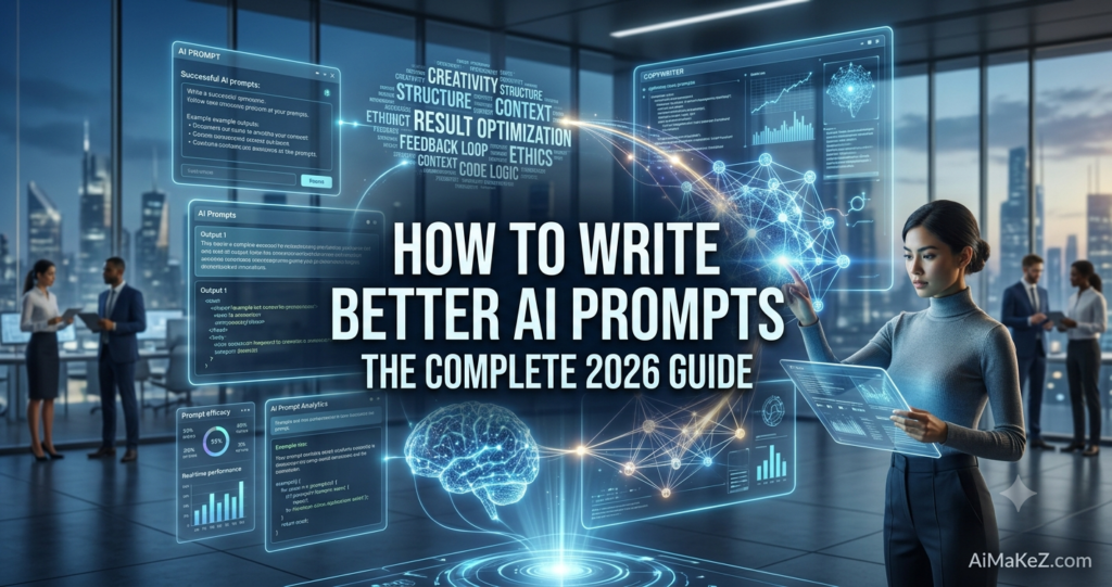 A technology featured banner titled "HOW TO WRITE BETTER AI PROMPTS: THE COMPLETE 2026 GUIDE". Set in a modern high-rise tech hub at dusk, a female specialist holds a transparent tablet while adjusting a 3D glowing holographic neural network. Translucent HUD interfaces display prompt structure elements including CREATIVITY, CONTEXT, RESULT OPTIMIZATION, FEEDBACK LOOP, and ETHICS, alongside code logic, output previews, and real-time performance analytics. The watermark "AiMaKeZ.com" appears in the lower-right corner.