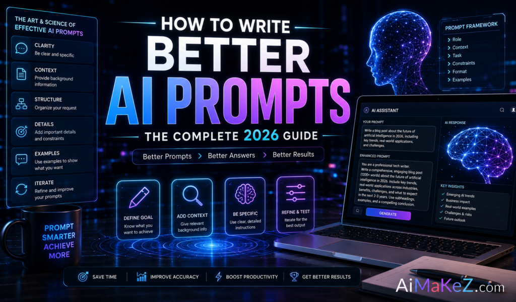 How to Write Better AI Prompts: The Complete 2026 Guide featured image showing a futuristic AI prompt engineering interface with holographic prompt builder, neural networks, AI chat dashboards, and the title "How to Write Better AI Prompts: The Complete 2026 Guide".