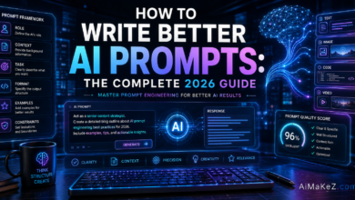 How to Write Better AI Prompts featuring prompt engineering dashboards, AI chatbot interfaces, neural networks, holographic text inputs, and futuristic artificial intelligence technology.