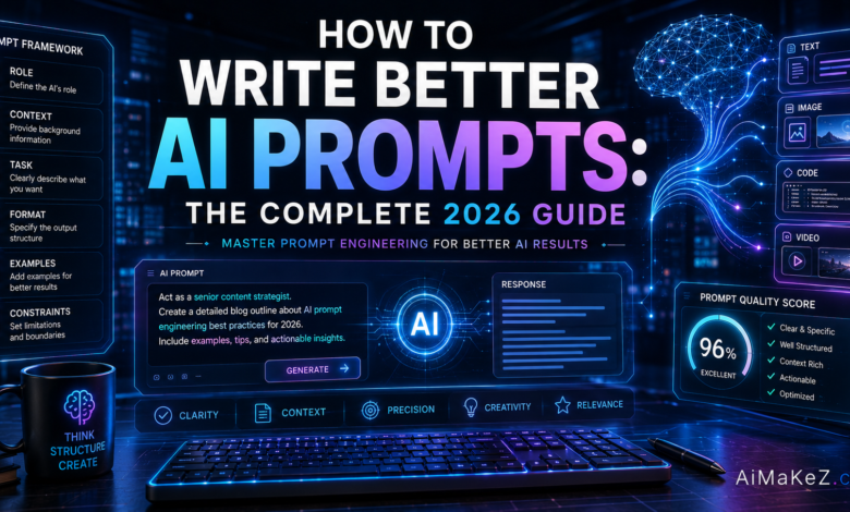 How to Write Better AI Prompts featuring prompt engineering dashboards, AI chatbot interfaces, neural networks, holographic text inputs, and futuristic artificial intelligence technology.