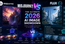 Midjourney vs Flux featured image showing a futuristic side-by-side comparison of Midjourney and Flux AI image generators with holographic interfaces, digital artwork, neural networks, and the title "Midjourney vs Flux: The Ultimate 2026 AI Image Showdown".