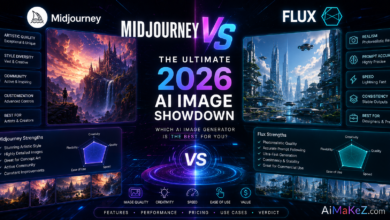 Midjourney vs Flux featured image showing a futuristic side-by-side comparison of Midjourney and Flux AI image generators with holographic interfaces, digital artwork, neural networks, and the title "Midjourney vs Flux: The Ultimate 2026 AI Image Showdown".