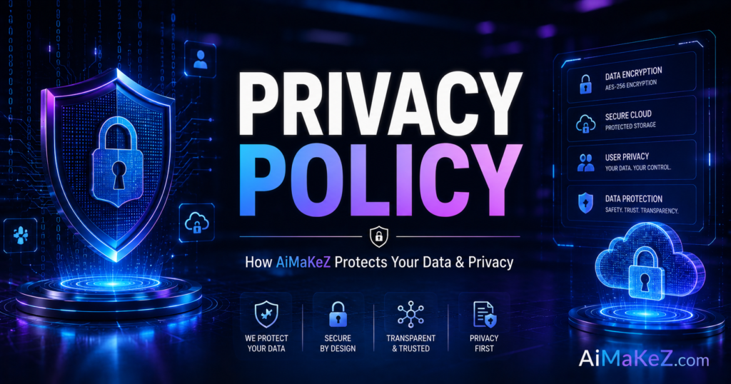 Privacy Policy featured image for AiMaKeZ.com showing a futuristic cybersecurity interface with a digital shield, encrypted cloud storage, privacy lock, AI security dashboard, and data protection technology.