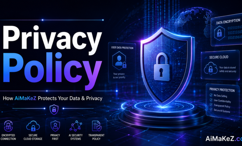 AiMaKeZ Privacy Policy page featuring a futuristic cybersecurity interface with a digital shield, encryption, secure cloud storage, AI security dashboard, and privacy protection technology.