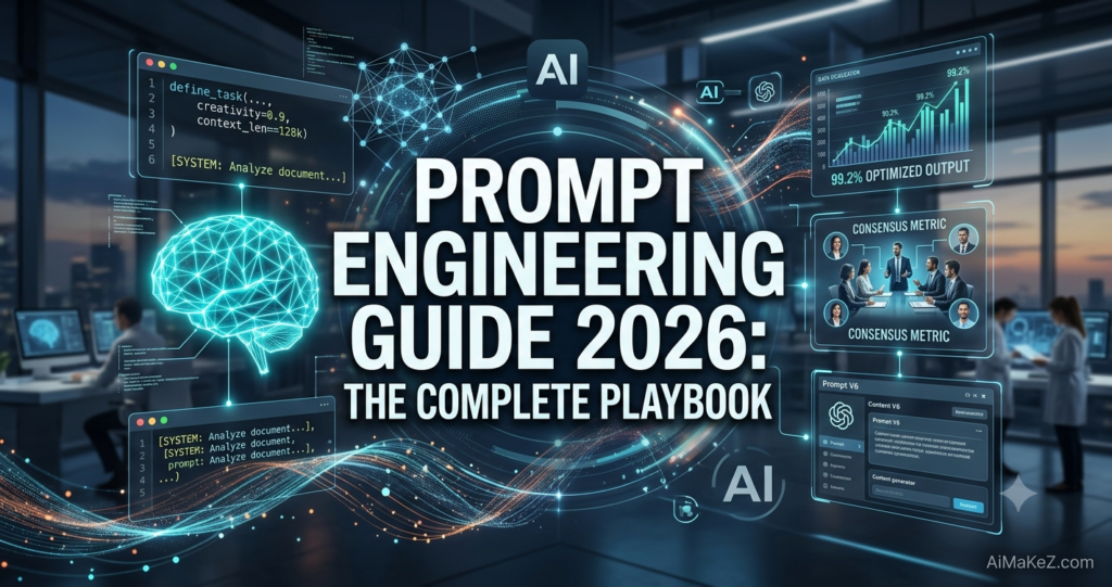 A premium technology featured banner graphic set inside a futuristic research laboratory with blurred staff. In the center, large, bold white typography reads "PROMPT ENGINEERING GUIDE 2026: THE COMPLETE PLAYBOOK". To the left, a luminous neon-blue geometric brain structure floats with code syntax and labels for: define_task(..., creativity=0.9, context_len=128k), SYSTEM: Analyze document, and NEURAL NETWORK. On the right, realistic holograms show various AI use cases: a data visualization graph marked 99.2% OPTIMIZED OUTPUT, a business interaction diagram labeled CONSENSUS METRIC, and a content generator interface Prompt V6. Dynamic data streams flow around the comparison panels. The brand watermark "AiMaKeZ.com" rests in the bottom-right corner.
