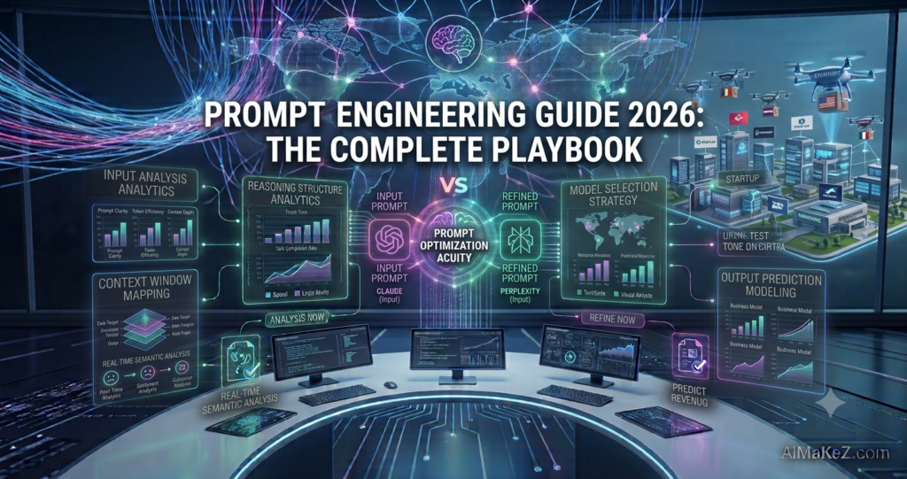 A premium 1200x630 featured image for AiMaKeZ.com titled 'PROMPT ENGINEERING GUIDE 2026: THE COMPLETE PLAYBOOK' displaying an advanced digital command center with modular dashboards, prompt optimization acuity tracking, input analysis analytics, reasoning structure graphics, multi-model comparison charts, and drone logistics planning on a futuristic world map backdrop.