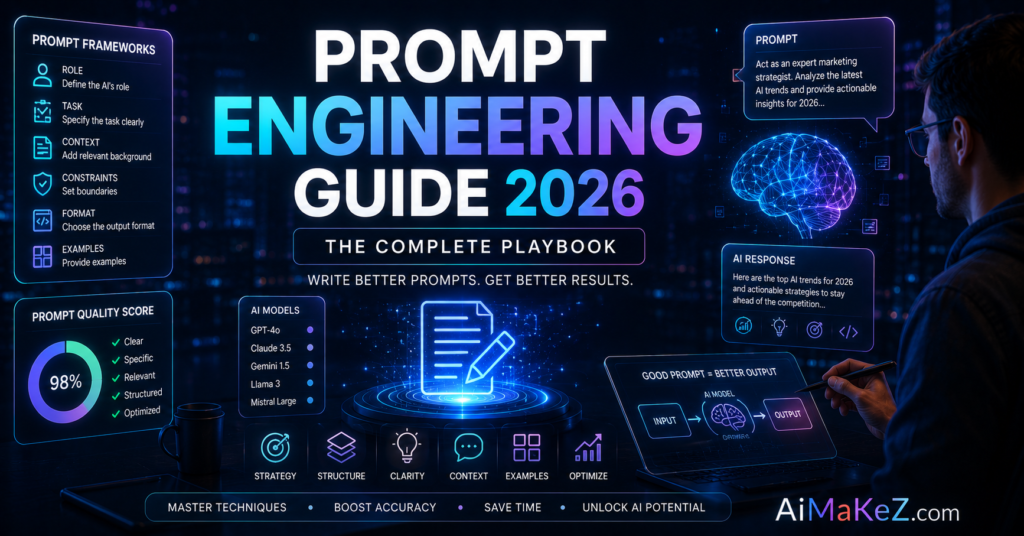 Prompt Engineering Guide 2026 featured image showing a futuristic AI prompt engineering workspace with holographic prompt frameworks, AI models, neural networks, digital interfaces, and the title "Prompt Engineering Guide 2026: The Complete Playbook".