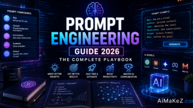 Prompt Engineering Guide 2026 featuring AI prompt interfaces, language model dashboards, neural networks, and futuristic holographic command panels.