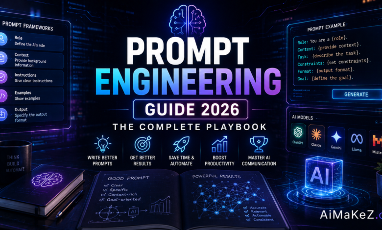 Prompt Engineering Guide 2026 featuring AI prompt interfaces, language model dashboards, neural networks, and futuristic holographic command panels.