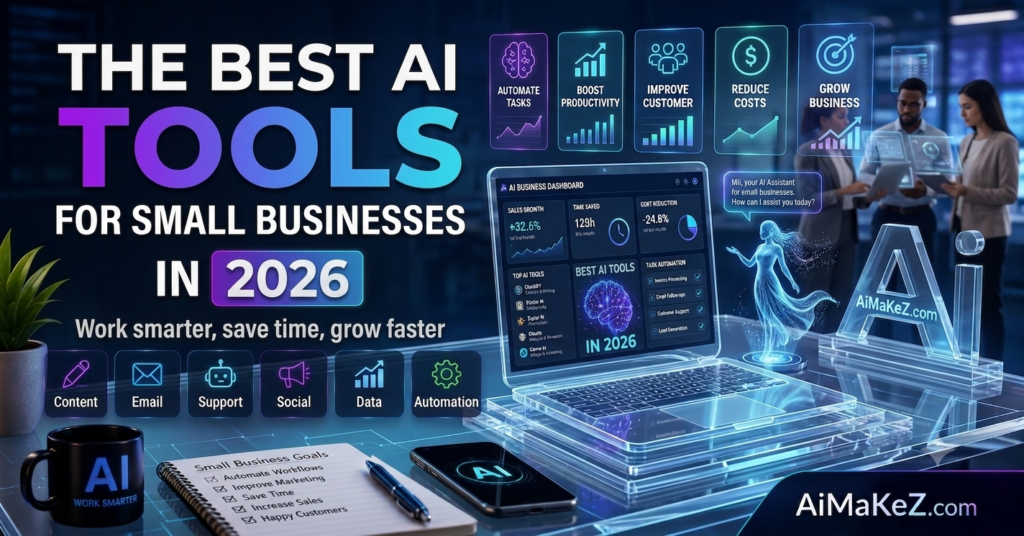 A premium 1200x630 technology infographic featured image for AiMaKeZ.com titled 'The Best AI Tools for Small Businesses in 2026' featuring a futuristic glass laptop, an AI hologram assistant, and metrics for growth.